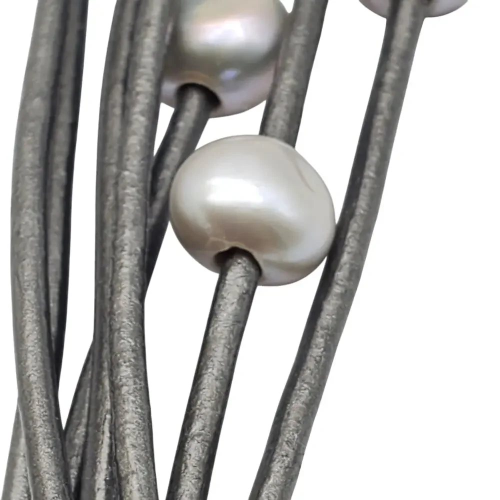 Saachi Freshwater Pearl Bracelet Gray Gunmetal Multi Strap Wrap Layered Modern - Picture 5 of 10
